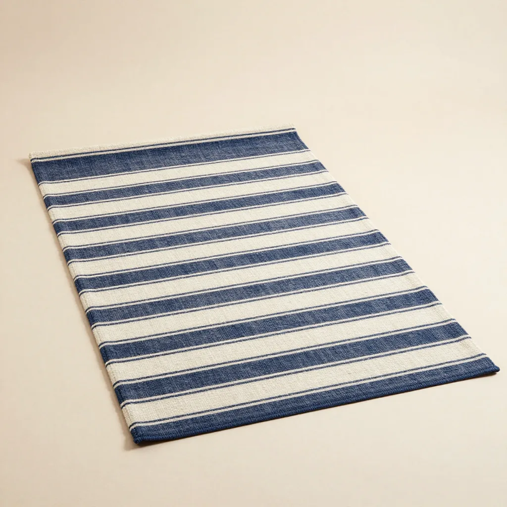 A striped recycled-PET rug on a pale background