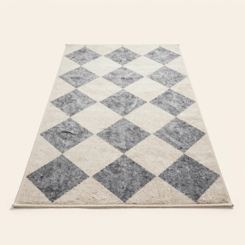 A diamond-pattern recycled-PET rug on a pale background
