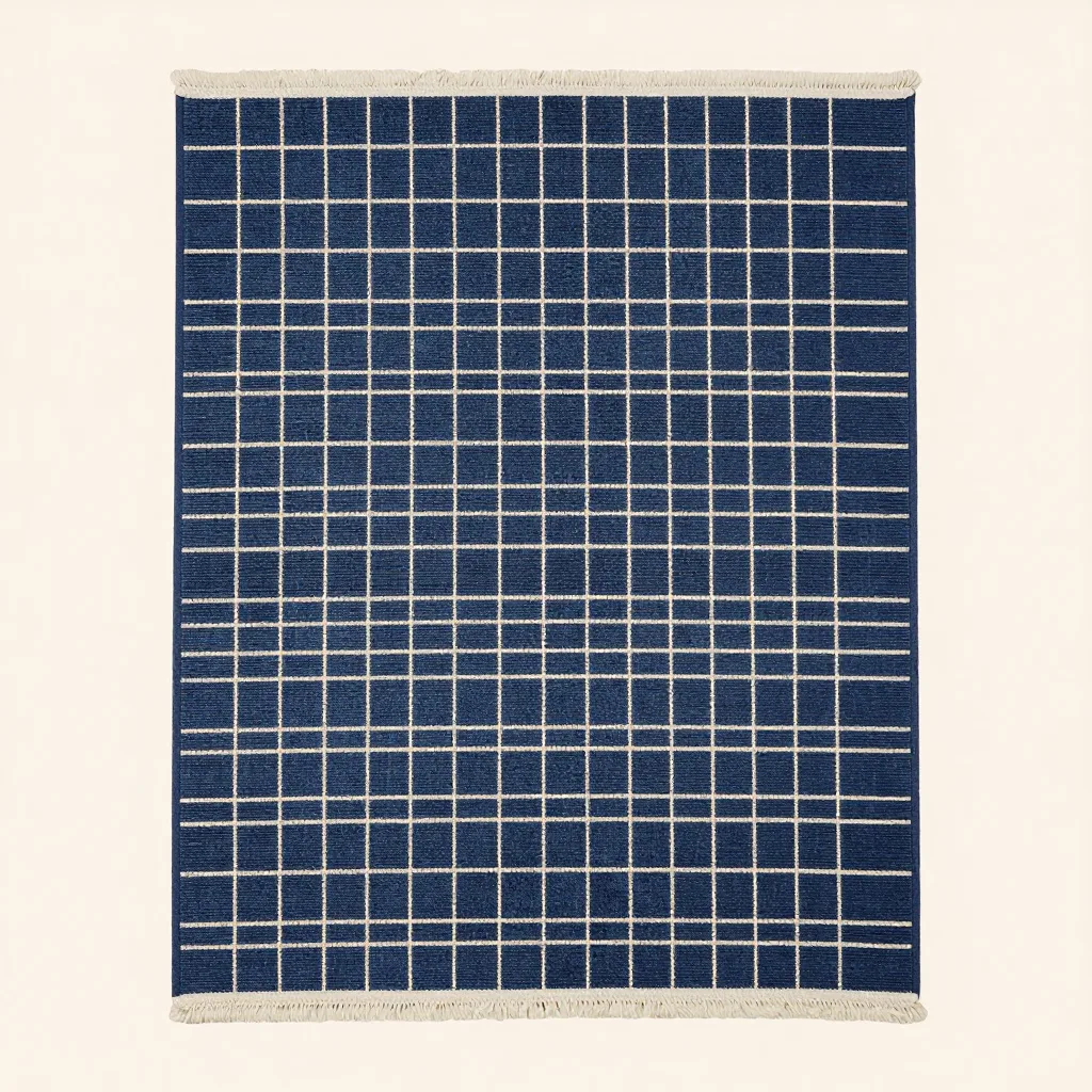 A grid-pattern recycled-PET rug on a pale background