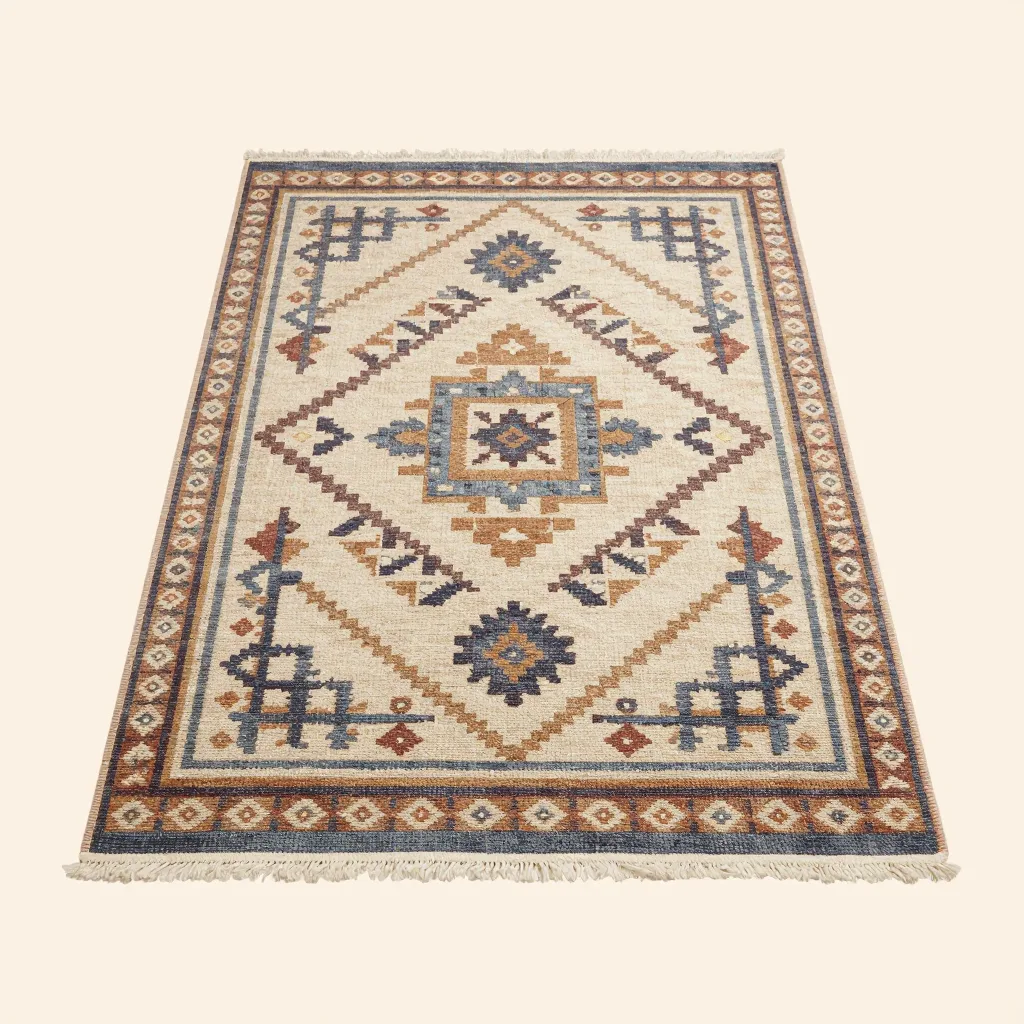 A tribal-pattern recycled-PET rug on a pale background