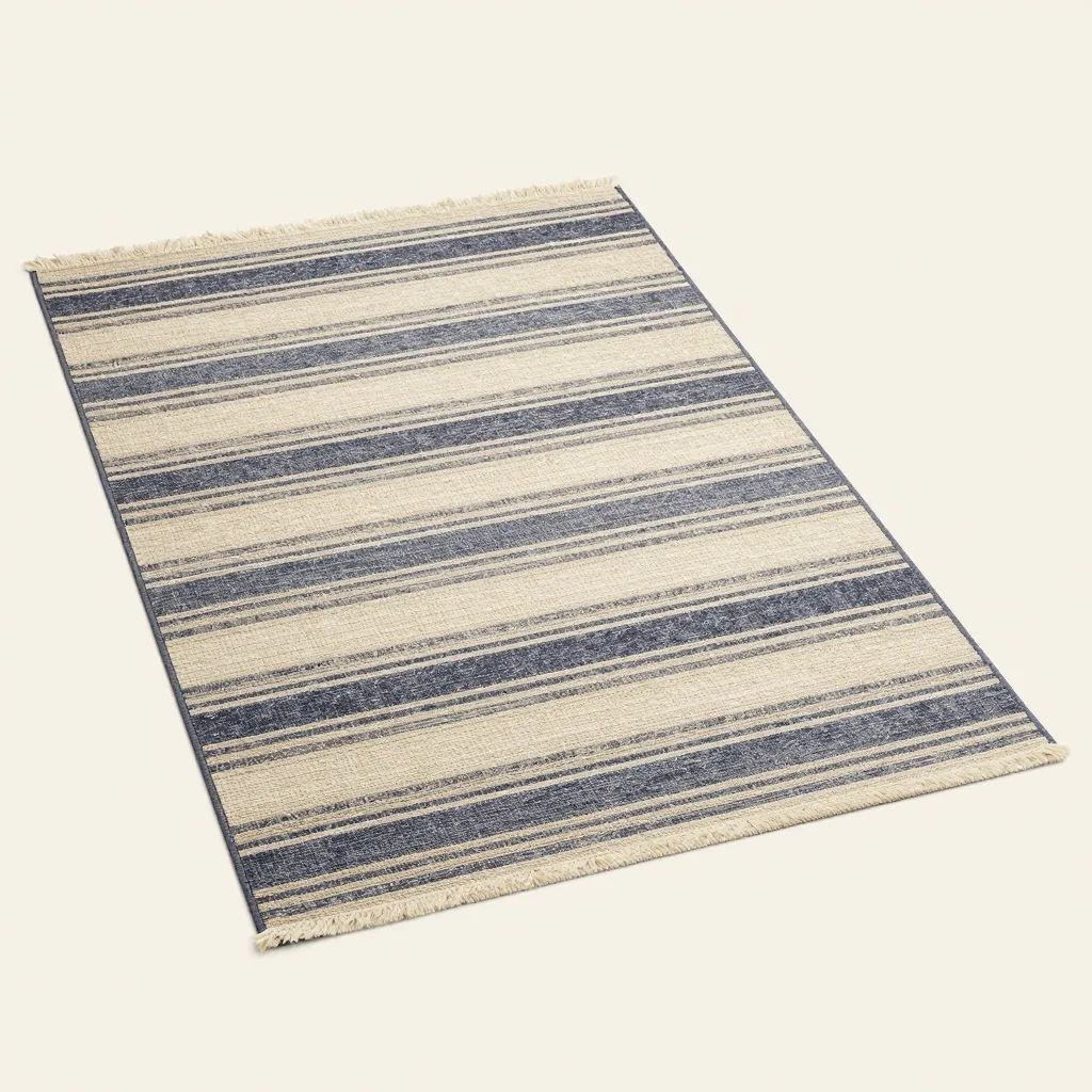 A large striped recycled-PET patio rug on a pale background