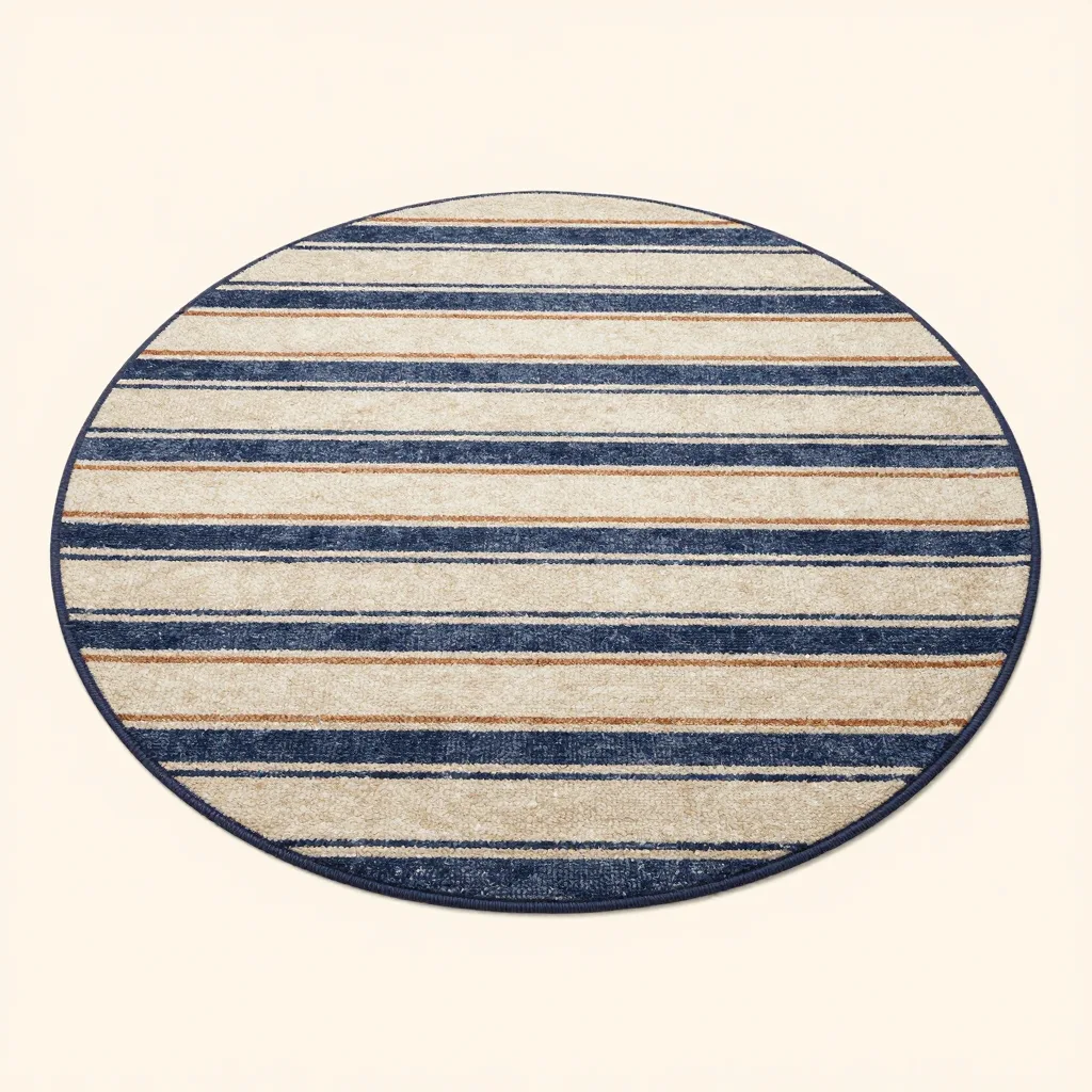 A striped and round recycled-PET rug set on a pale background
