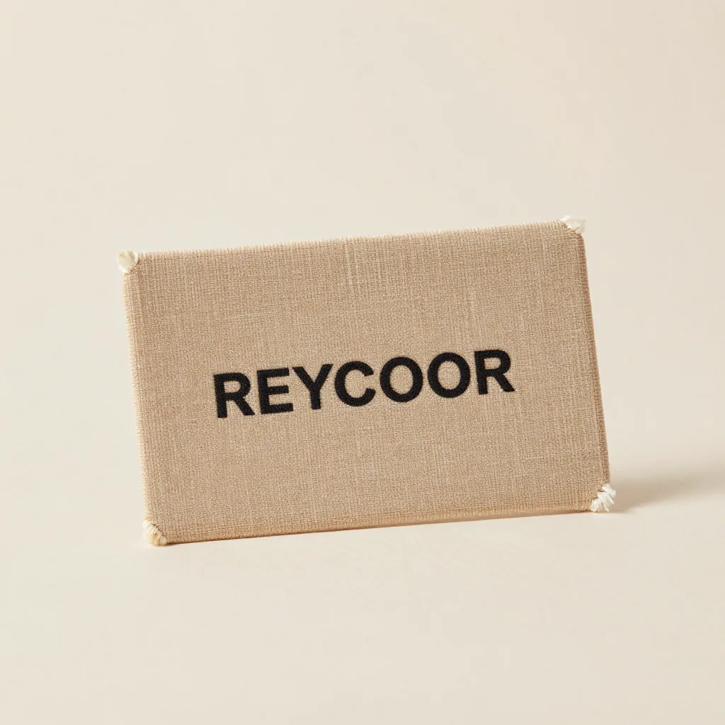 A recycled-PET rug gift card on a pale background
